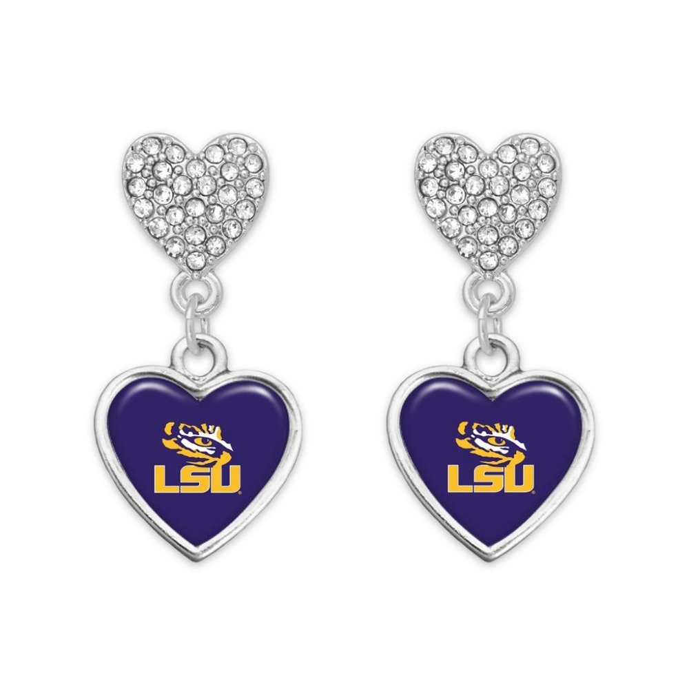 LSU Rhinestone Heart Earrings - Louisiana State University Jewelry